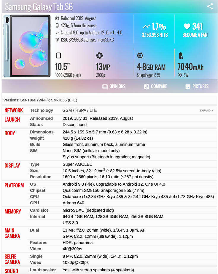 SAMSUNG GALAXY TAB 6