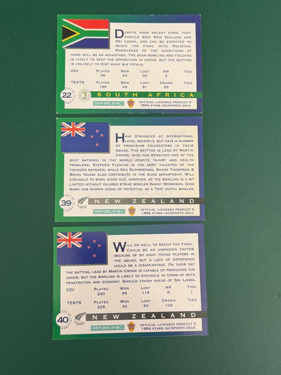 Cricket Card - *SIGNED* 3 * New-Zealand/South-Africa 1994 Sports Deck Cricket Card