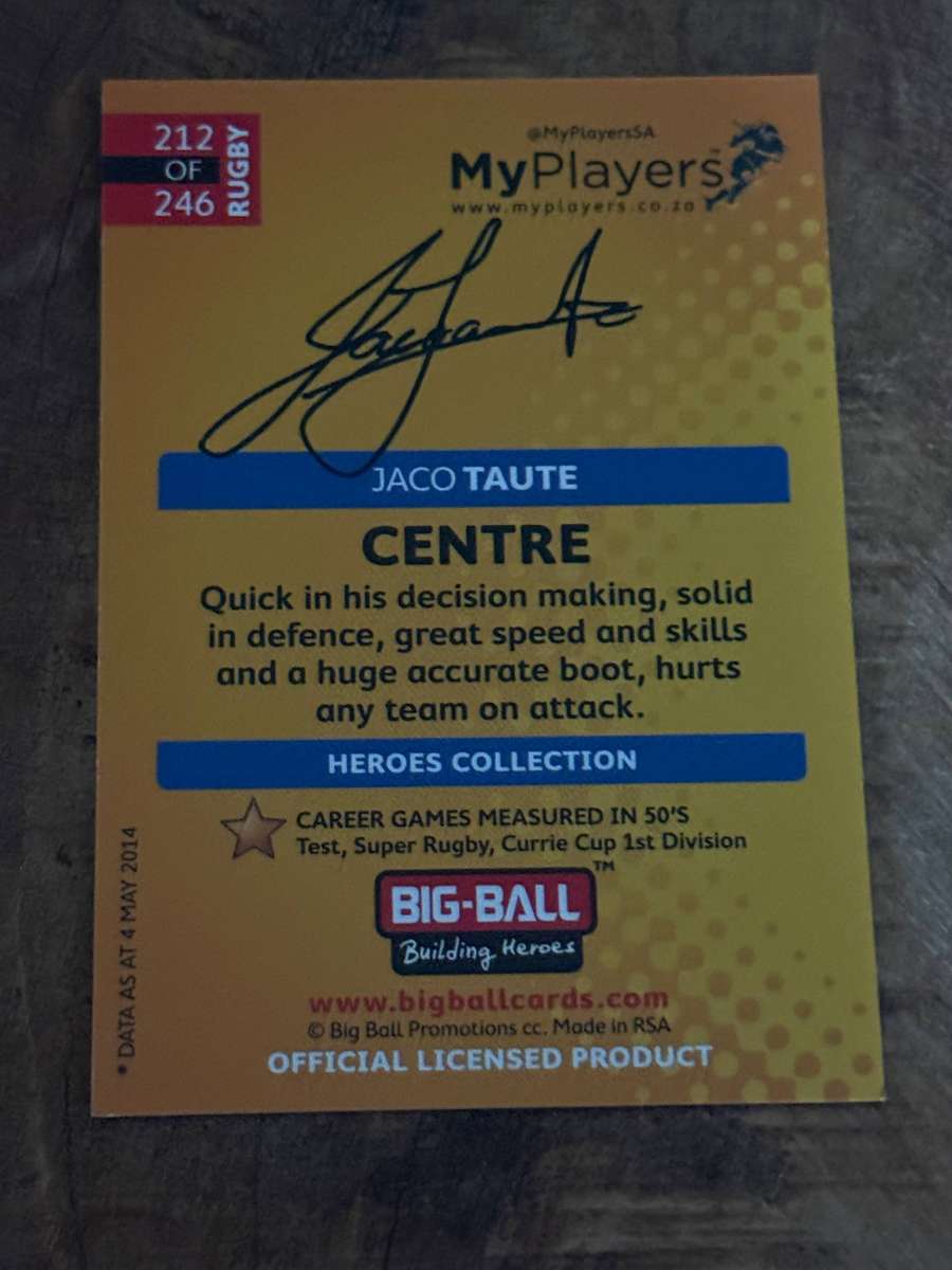 Rugby Card - *SIGNED* Jaco Taute 2014 Big Ball Rugby Card