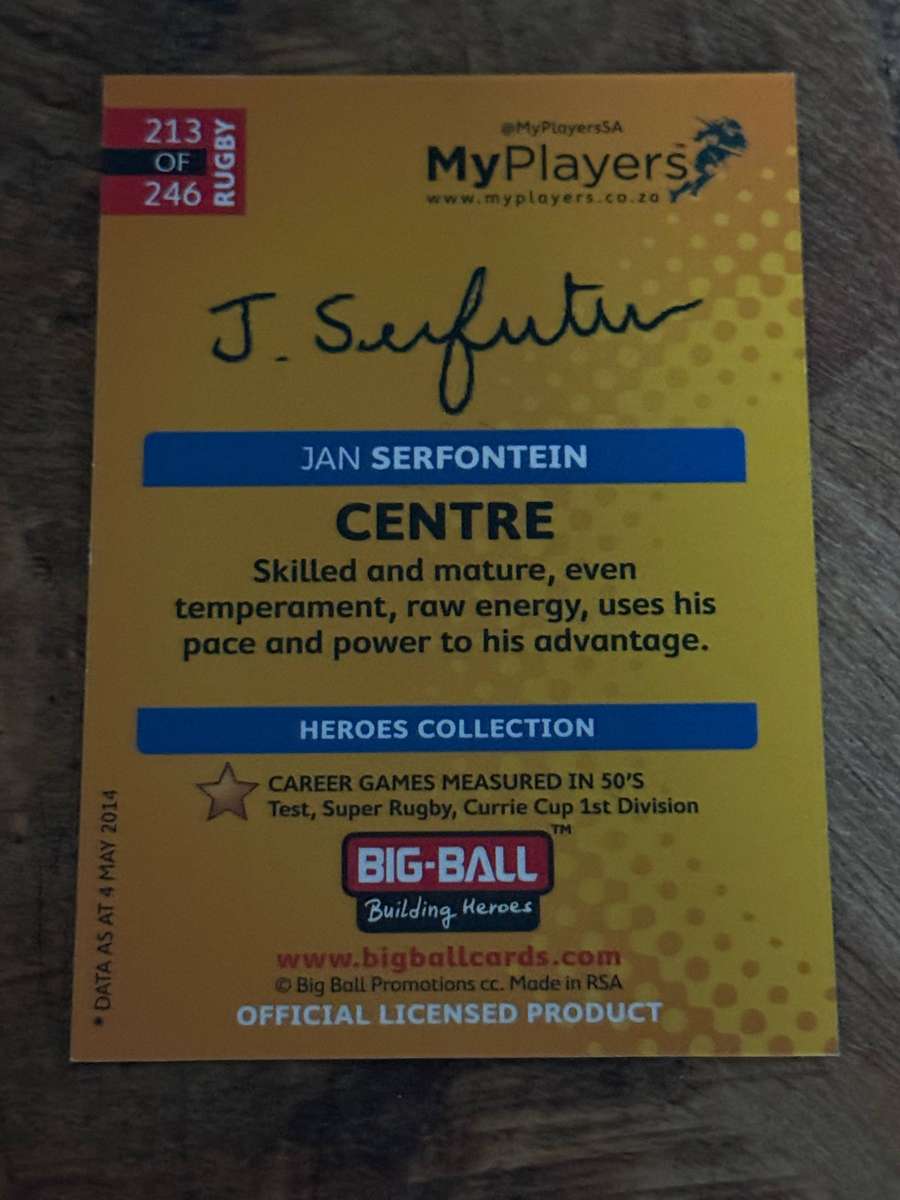 Rugby Card - *SIGNED* Jan Serfontein 2014 Big Ball Rugby Card