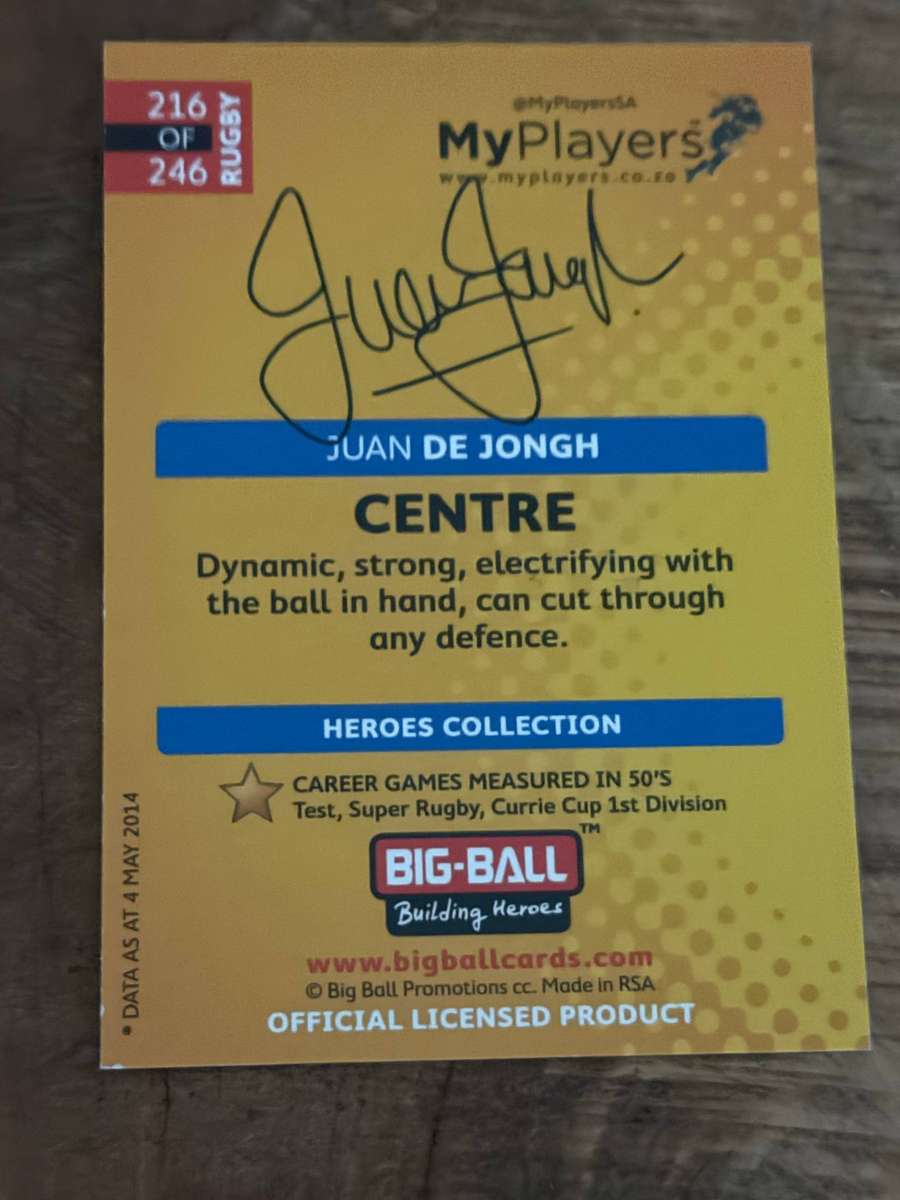Rugby Card - *SIGNED* Juan de Jongh 2014 Big Ball Rugby Card