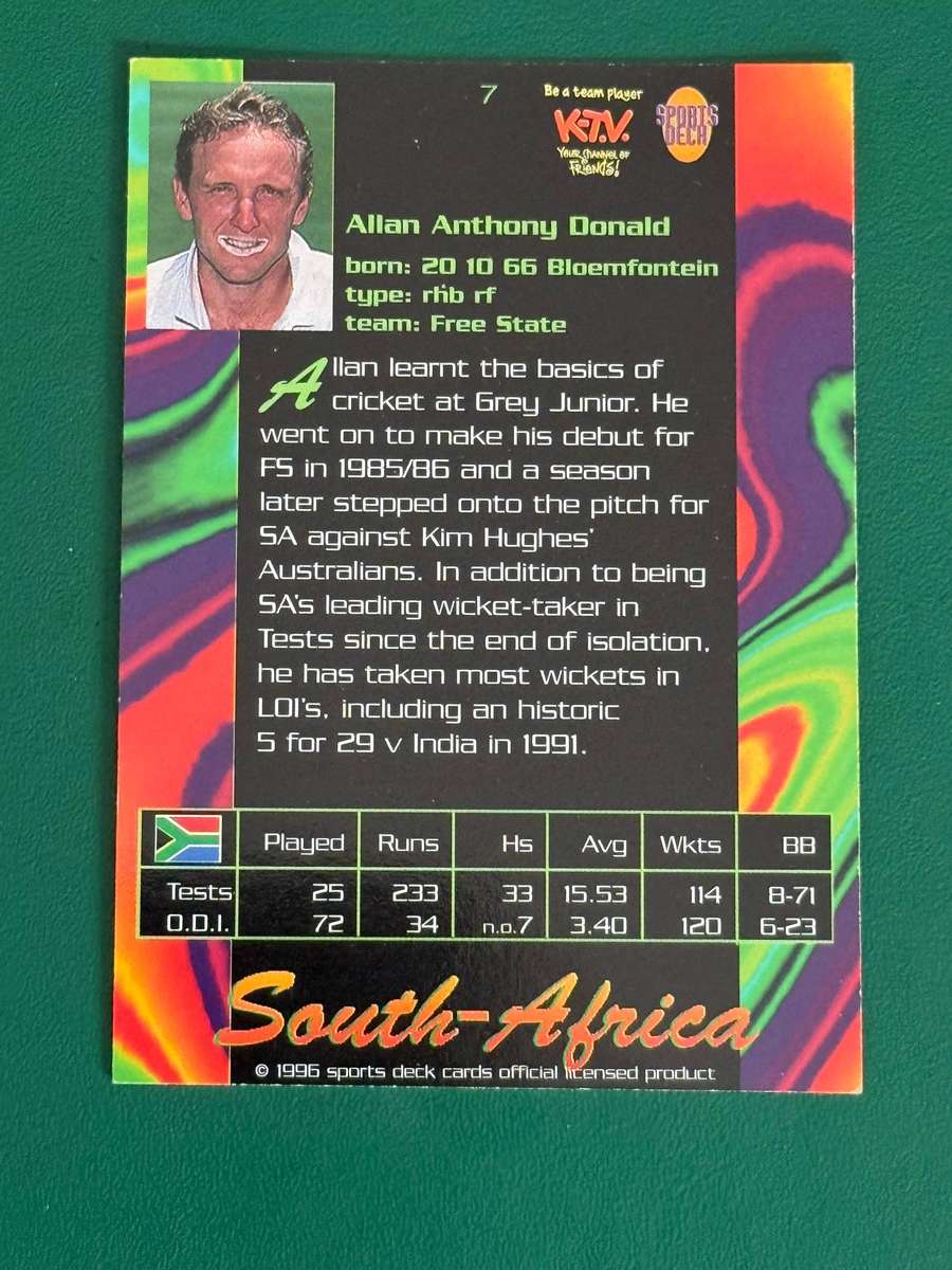 Cricket Card - Allan Donald 1996 Sportsdeck Cricket Card