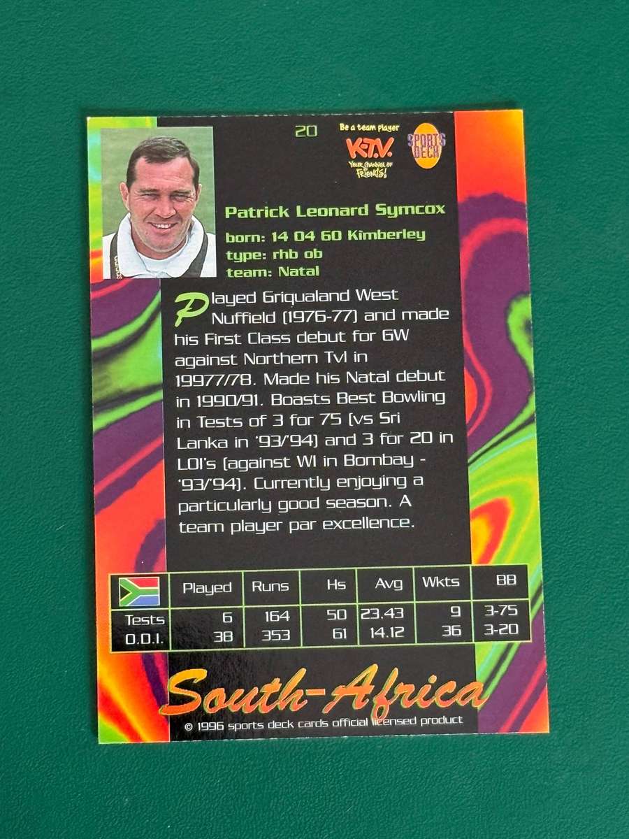 Cricket Card - Pat Symcox 1996 Sportsdeck Cricket Card