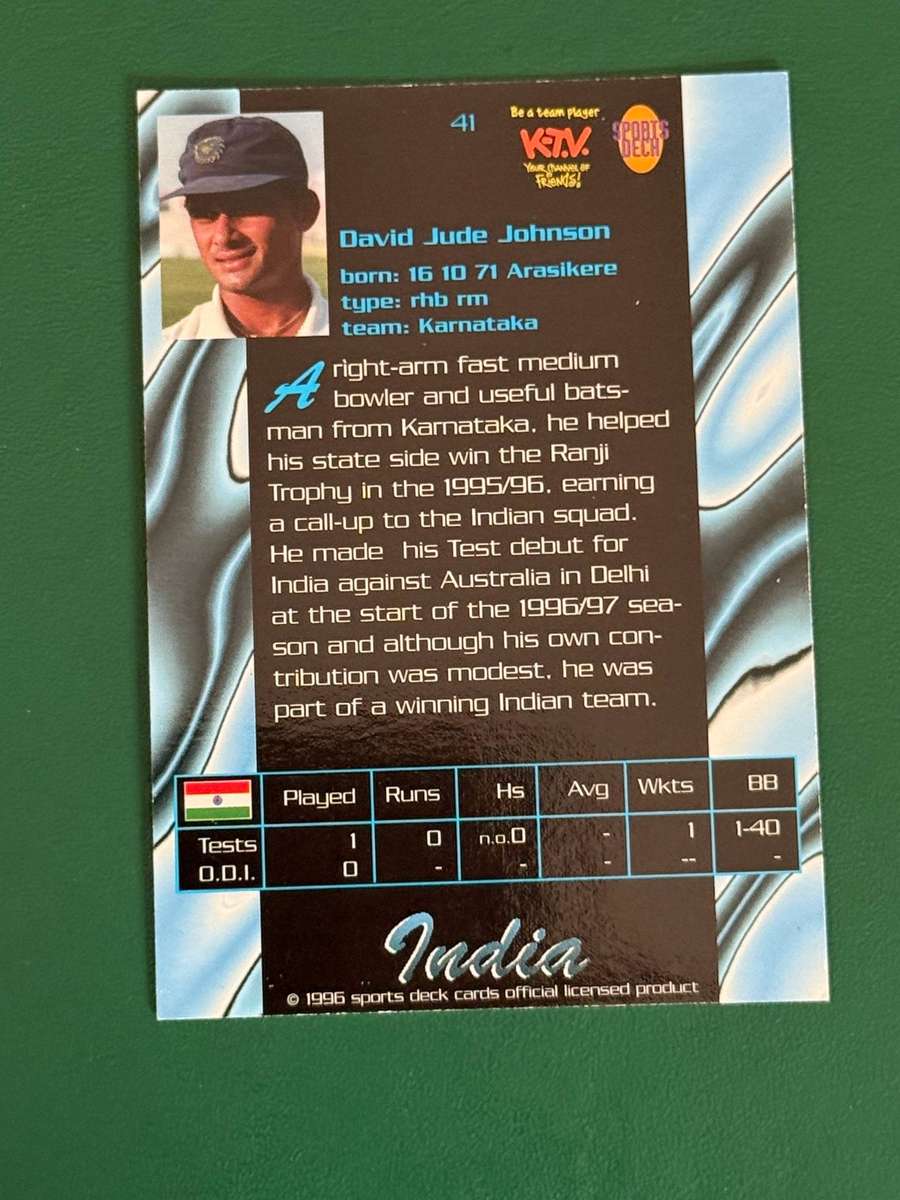 Cricket Card - David Johnson 1996 Sportsdeck Cricket Card