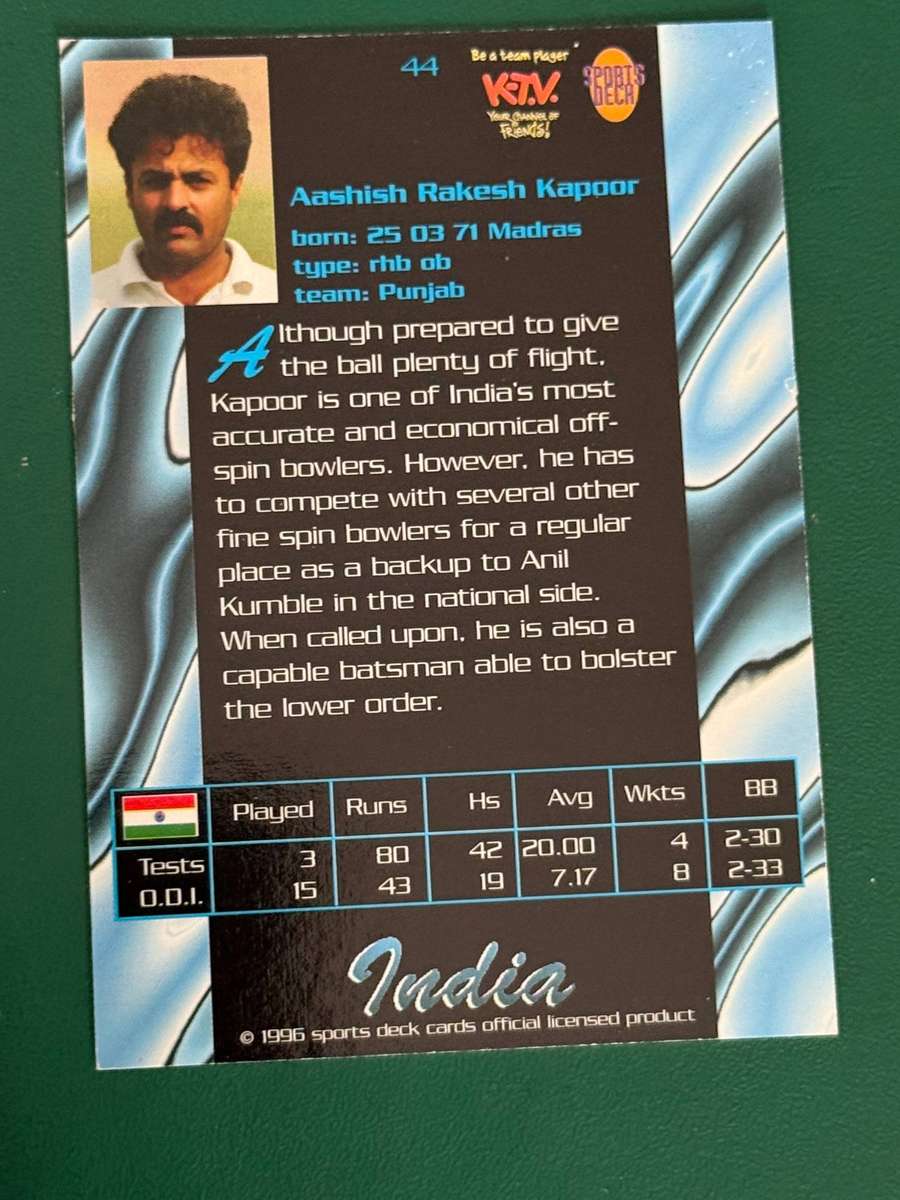 Cricket Card - Aasish Kapoor 1996 Sportsdeck Cricket Card