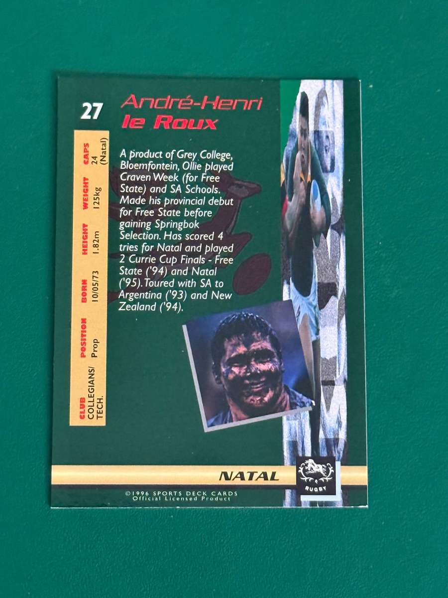 Rugby Card - Ollie le Roux 1996 Sports Deck Rugby Card