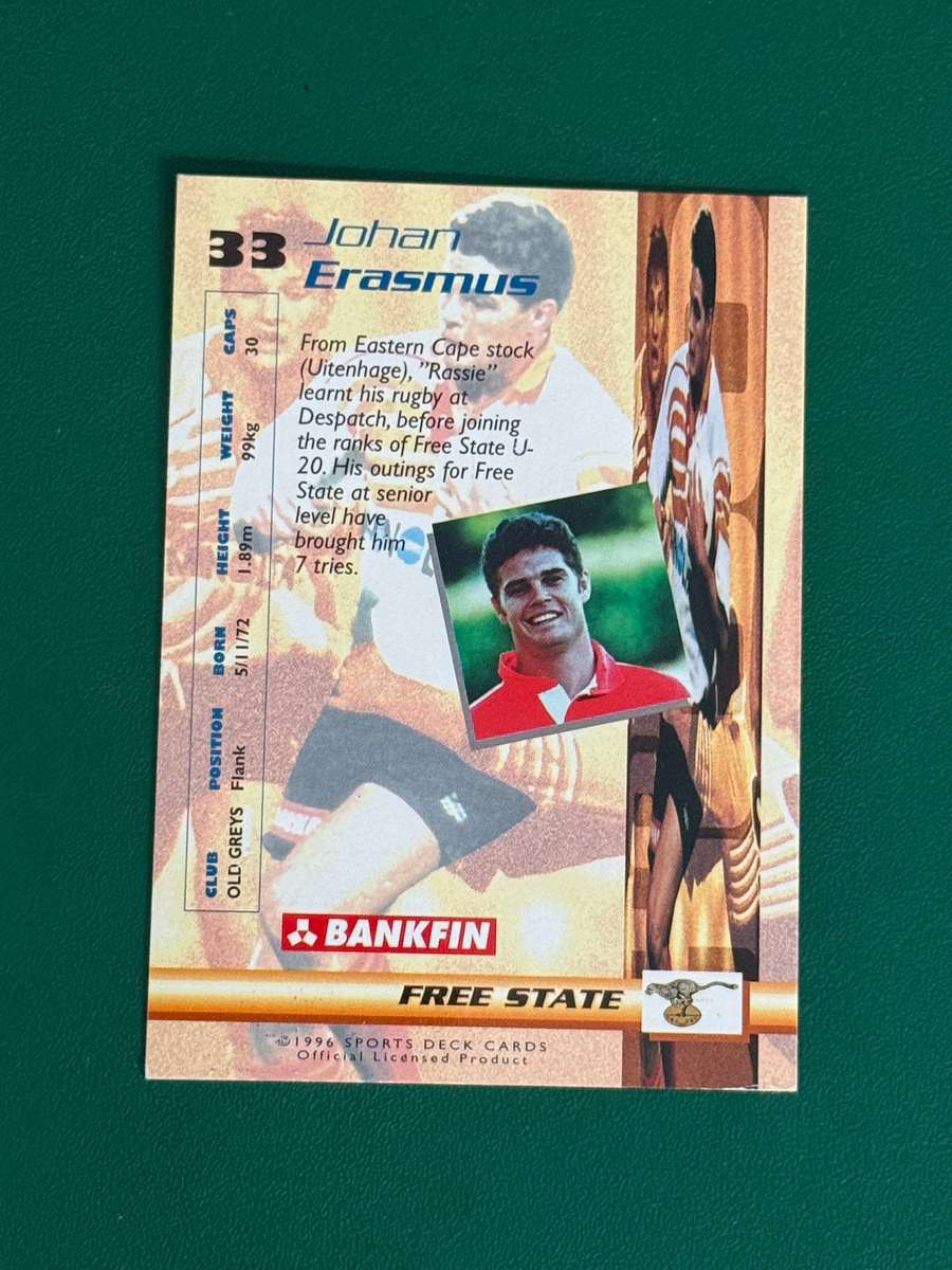 Rugby Card - Johan Rassie Erasmus 1996 Sports Deck Rugby Card