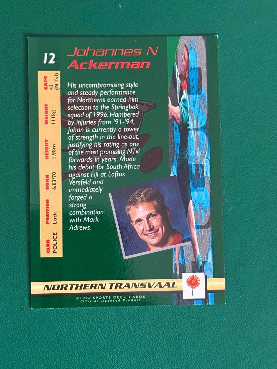Rugby Card - Johan Ackermann 1996 Sports Deck Rugby Card