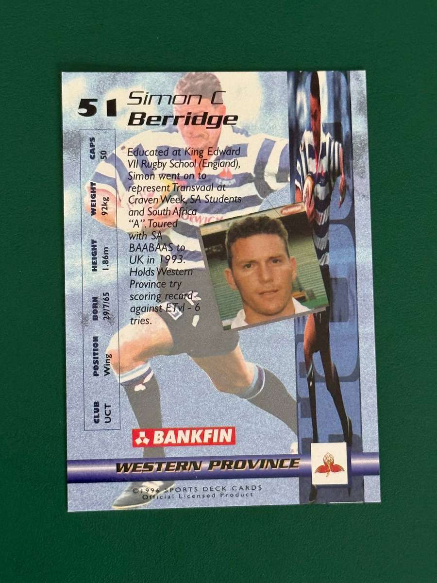 Rugby Card - Simon Berridge 1996 Sports Deck Rugby Card
