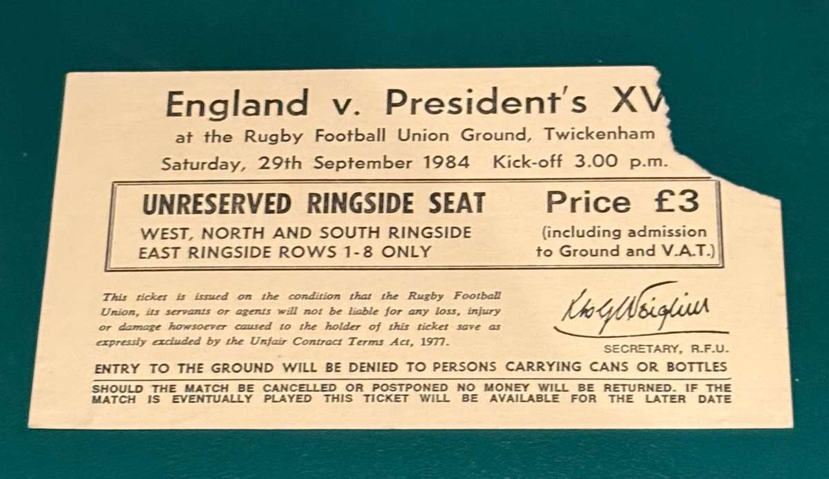 Rugby Ticket - England vs Presidents XV 29/09/1984 (various Springboks involved)
