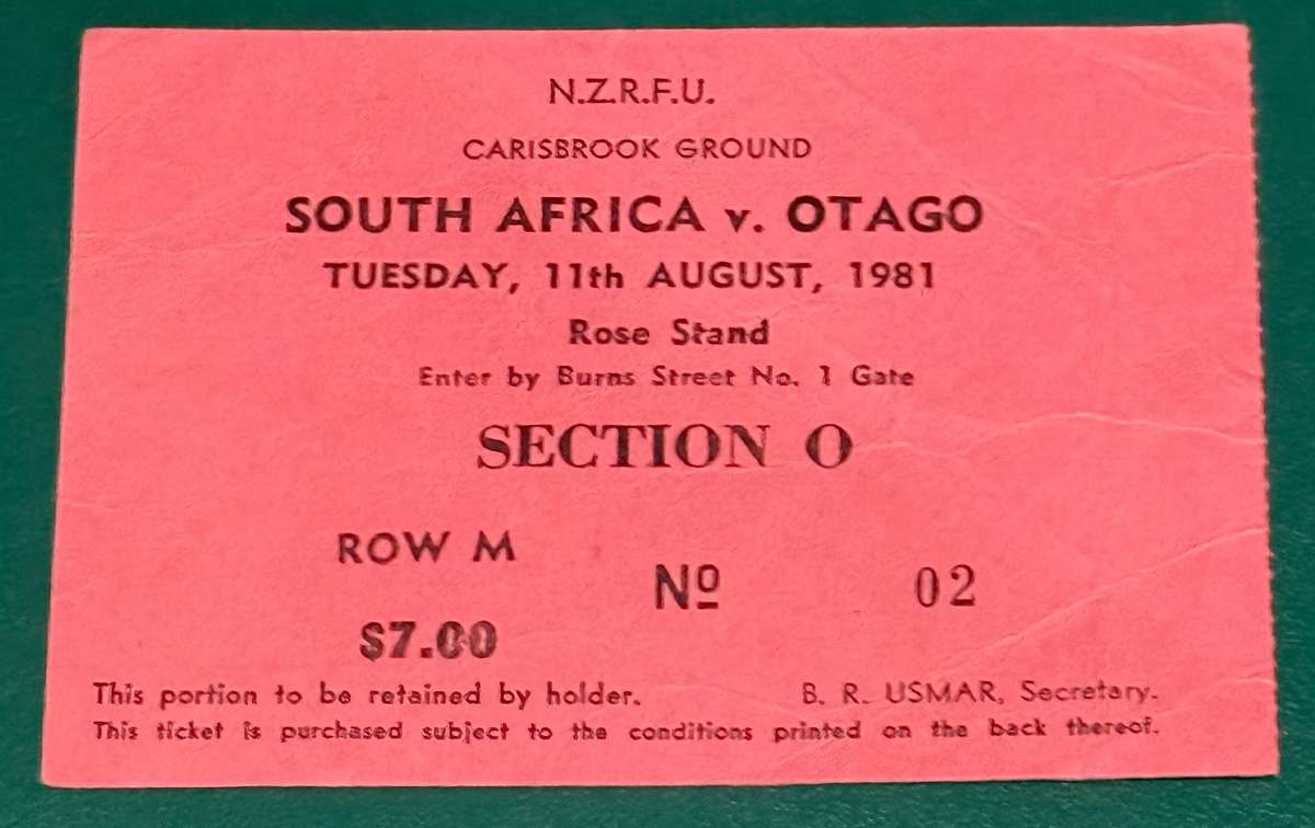 Rugby Ticket - South-Africa vs Otago 11/08/1981