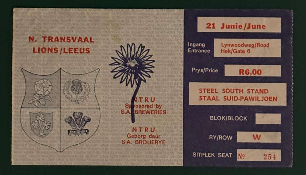 Rugby Ticket - Northern Transvaal vs British Lions 21/06/1980