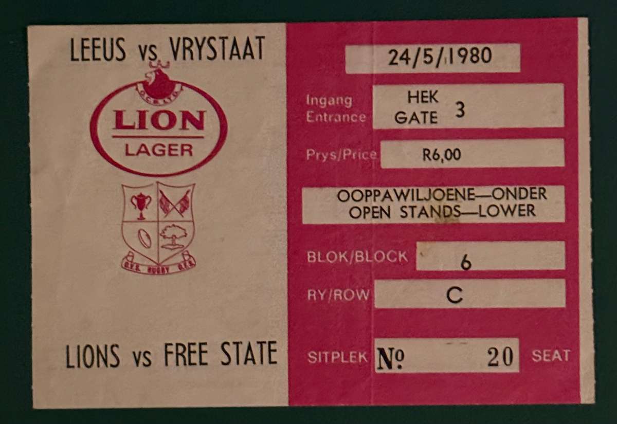 Rugby Ticket - Free State vs British Lions 24/05/1980