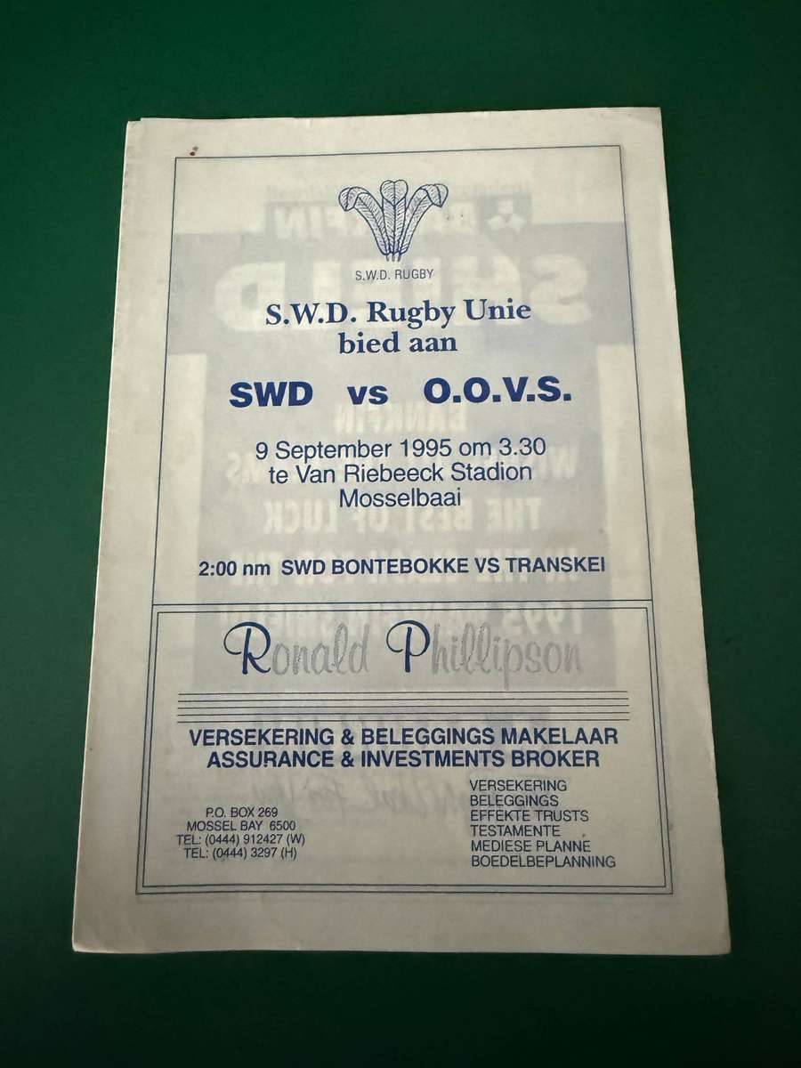 Rugby Programme - South Western Districts vs Eastern Free State 09/09/1995 (Mosselbaai)