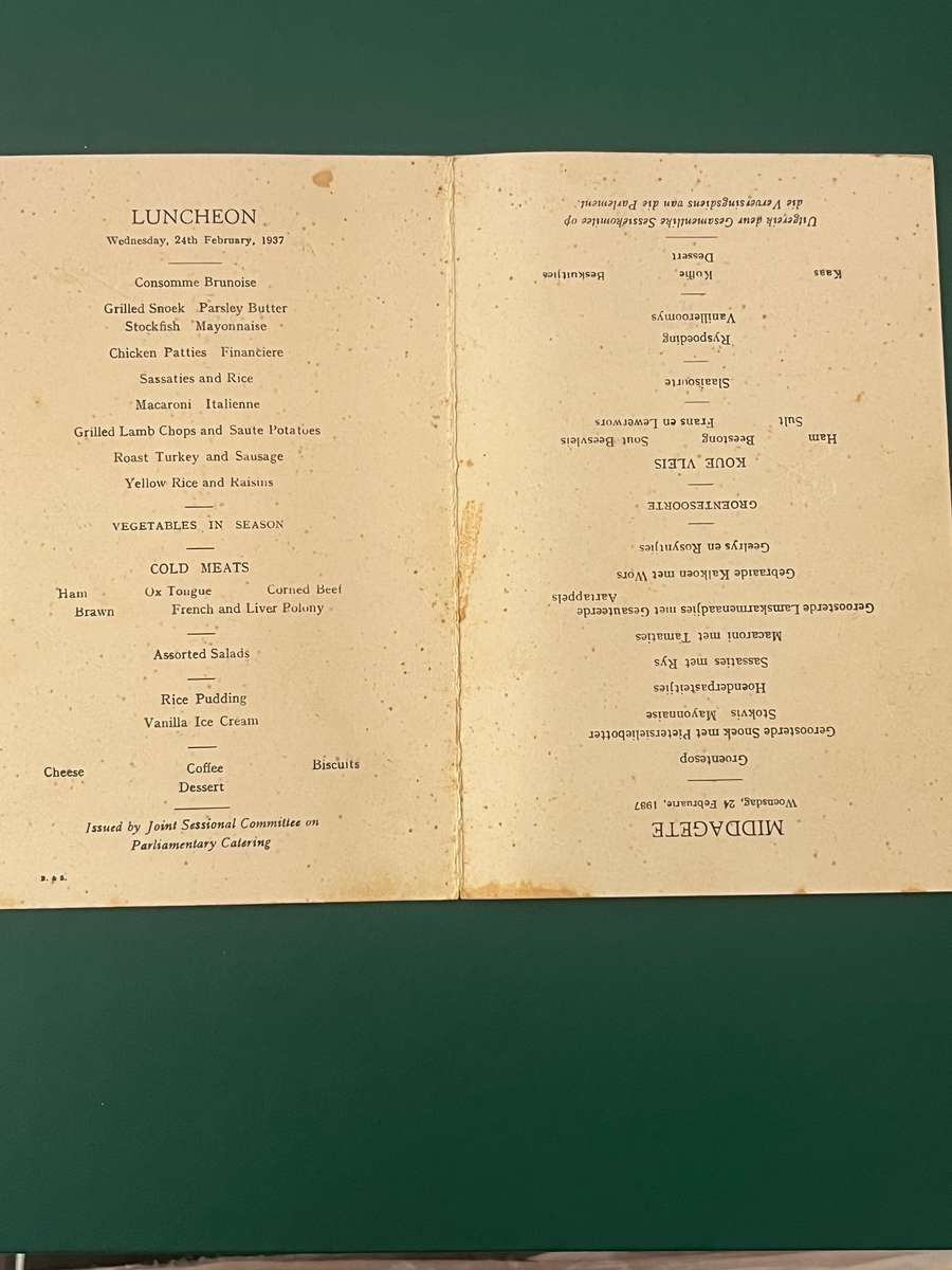 Cricket Menu - *SIGNED* Western-Province vs Free State Luncheon 24/02/1937