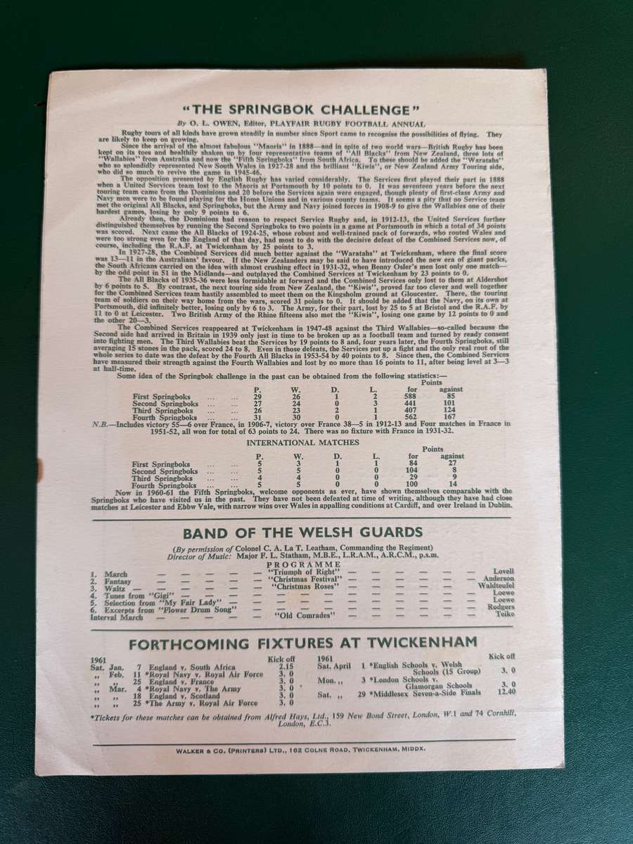 Rugby Programme - Combined Services vs South-Africa 26/12/1960