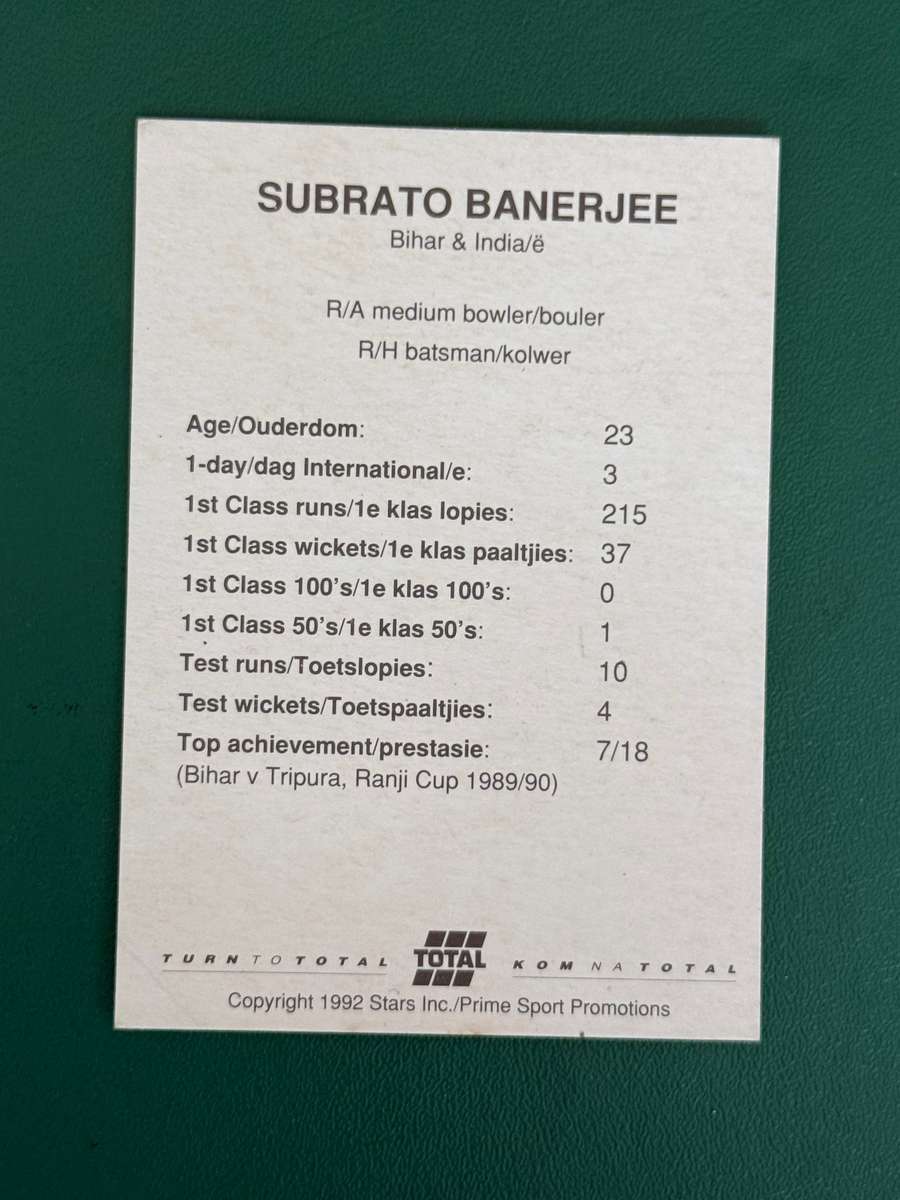 Cricket Card - Subrato Banerjee 1992 Total Cricket Card