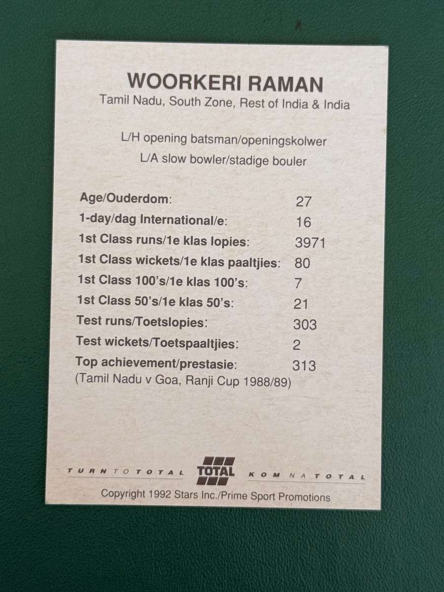 Cricket Card - Woorkerri Raman 1992 Total Cricket Card