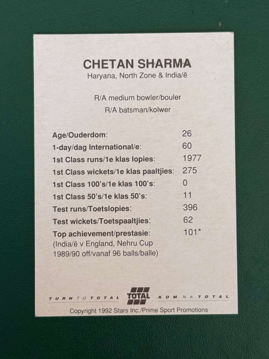 Cricket Card - Chetan Sharma 1992 Total Cricket Card