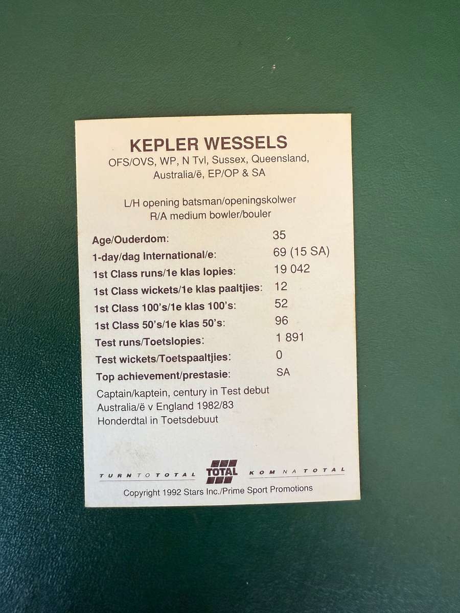 Cricket Card -*SIGNED* Kepler Wessels 1992 Total Cricket Card