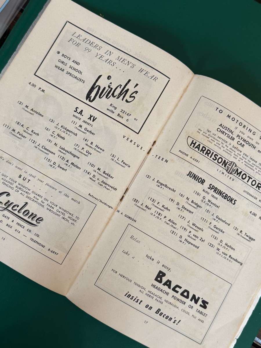 Rugby Programme - S.A. XV vs Junior Springboks/Eastern Province u/19 vs Border u/19 23/04/1960