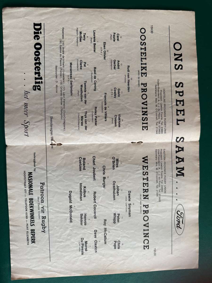 Rugby Programme - Eastern-Province vs Western-Province 31/05/1975