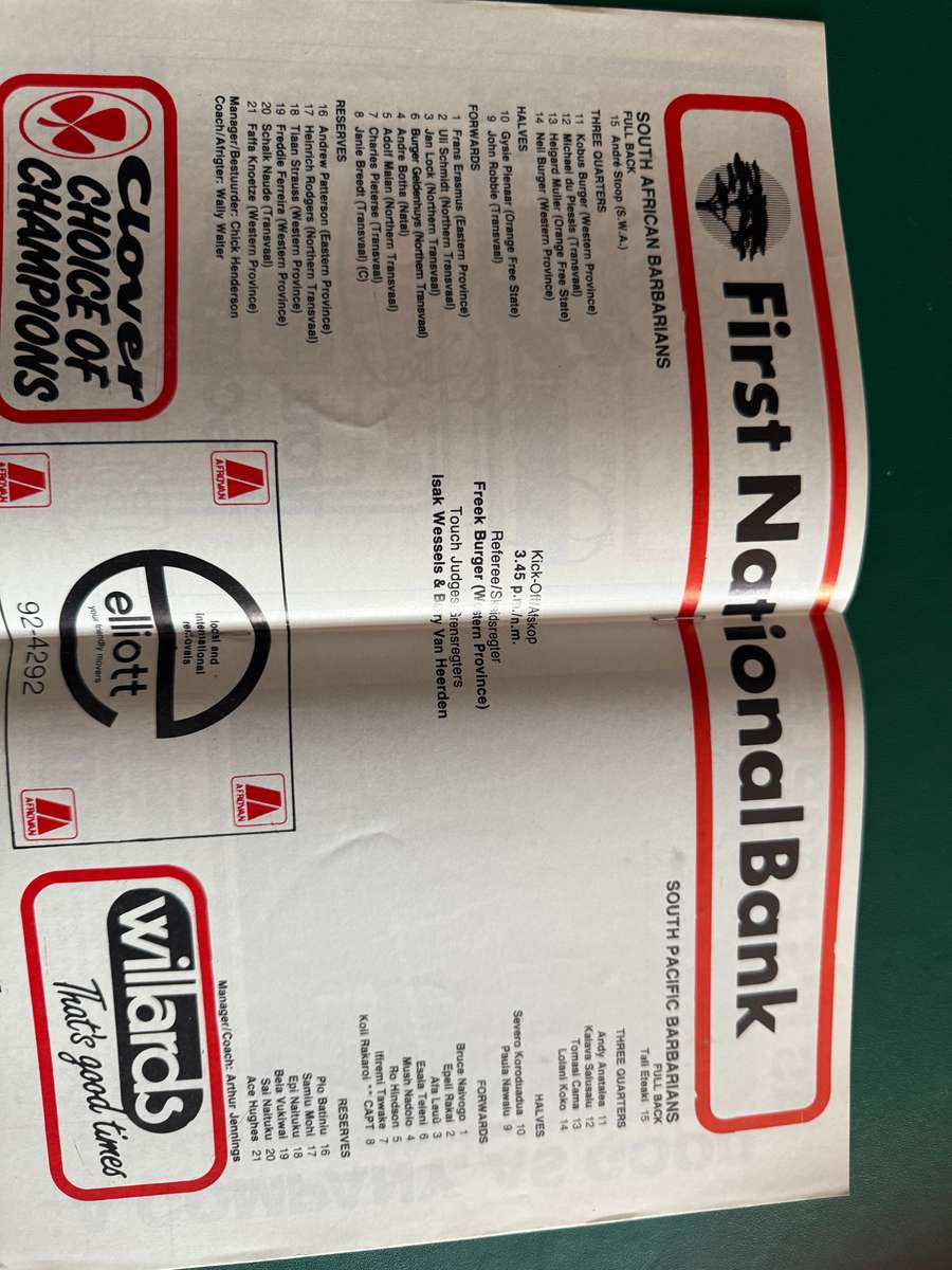 Rugby Programme - SA Barbarians vs South Pacific Barbarians 17/10/1987