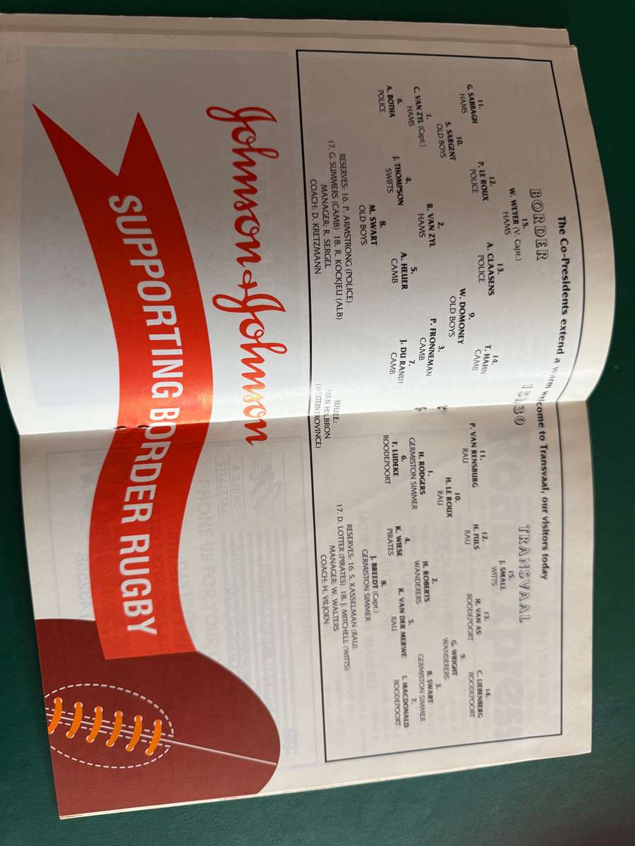 Rugby Programme - Border vs Transvaal 11/04/1992