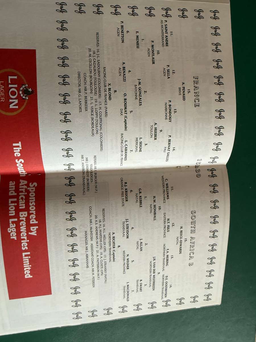 Rugby Programme - France vs South-Africa B 15/06/1993