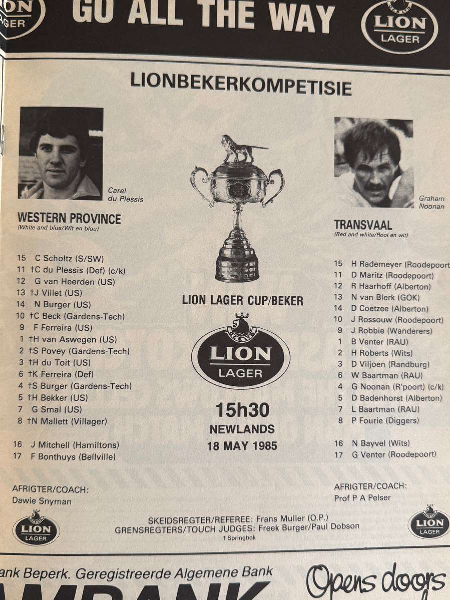 Rugby Programme - Western Province vs Transvaal 18/05/1985