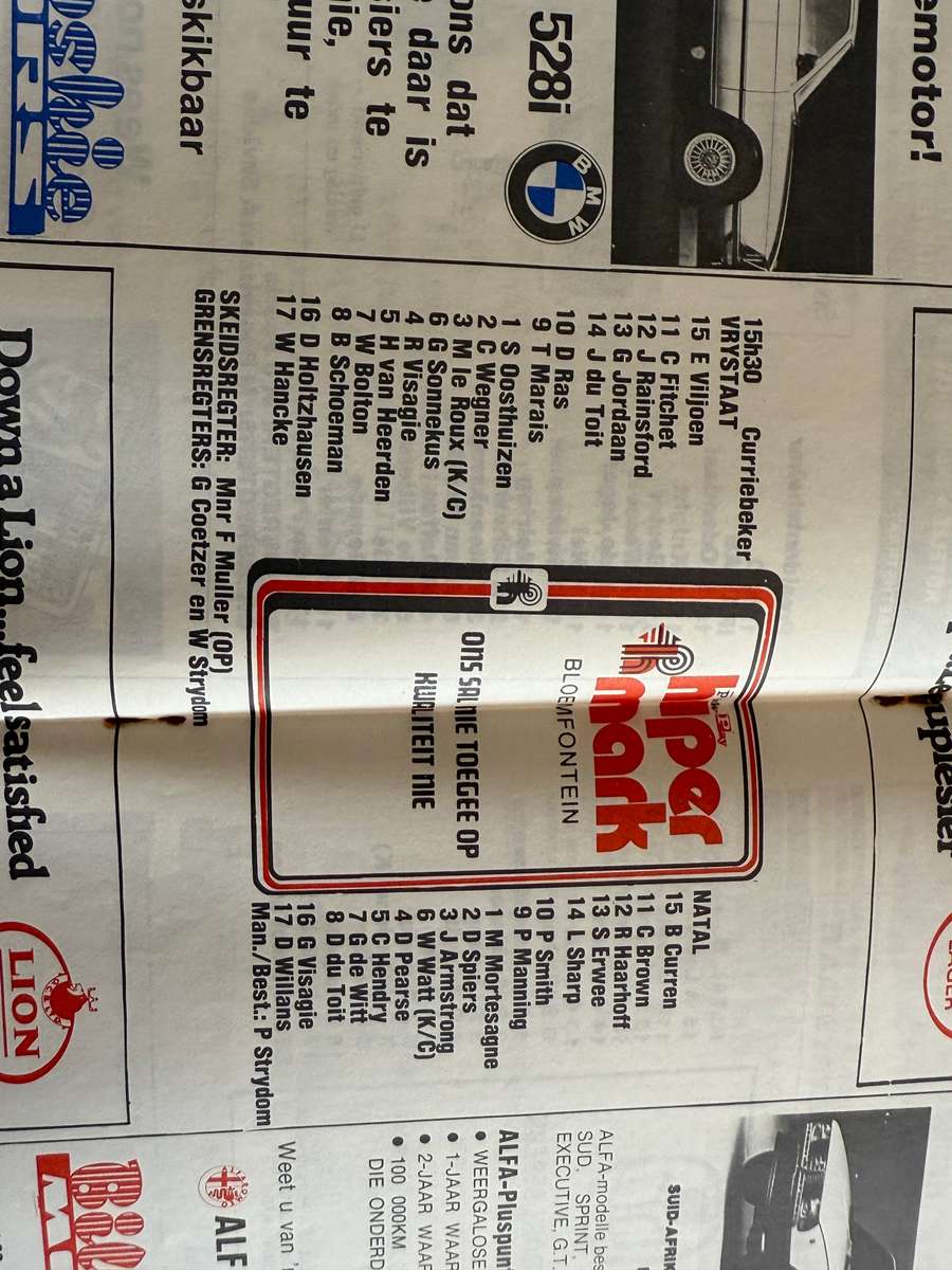 Rugby Programme - Free State vs Natal 01/08/1981