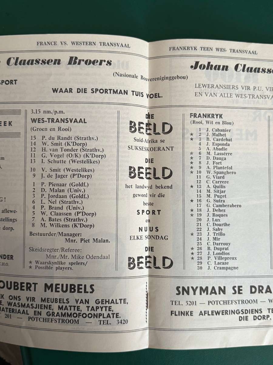Rugby Programme - *TOUR* France vs Western-Transvaal 19/07/1967