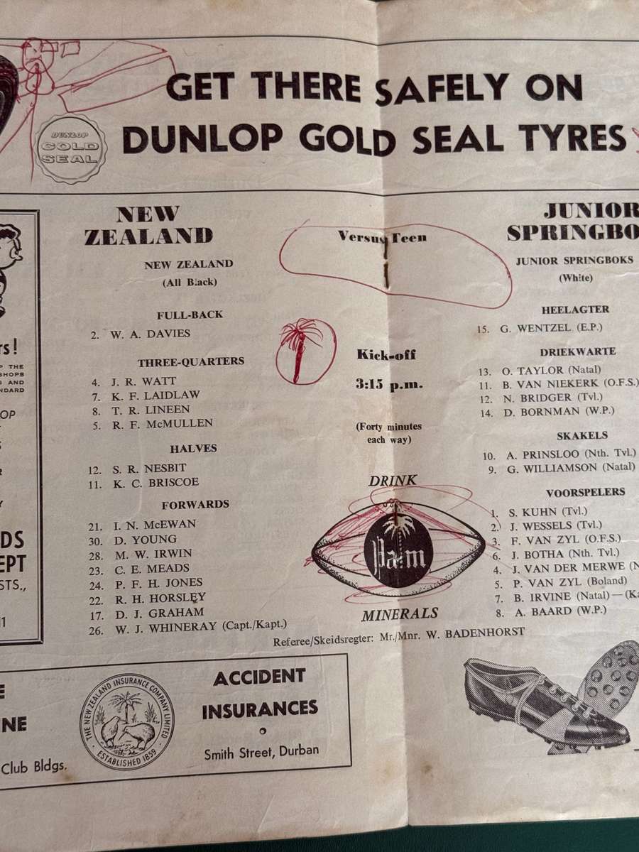 Rugby Programme - *TOUR* Junior Springboks vs New Zealand All Blacks 09/07/1960