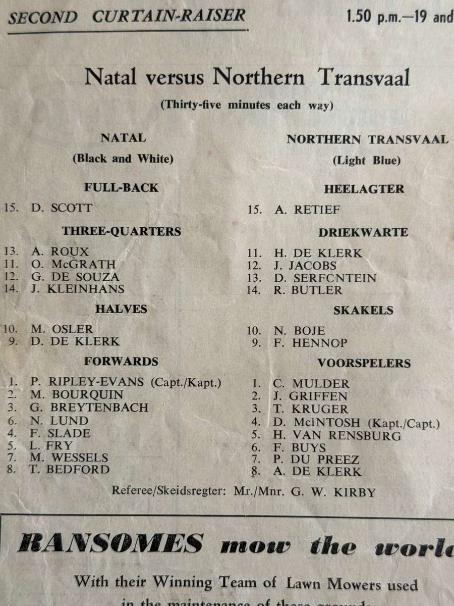 Rugby Programme - *TOUR* Junior Springboks vs New Zealand All Blacks 09/07/1960