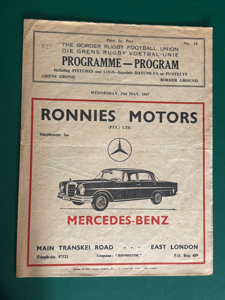 Rugby Programme - Border vs Northern-Transvaal (East-London) 31/05/1967