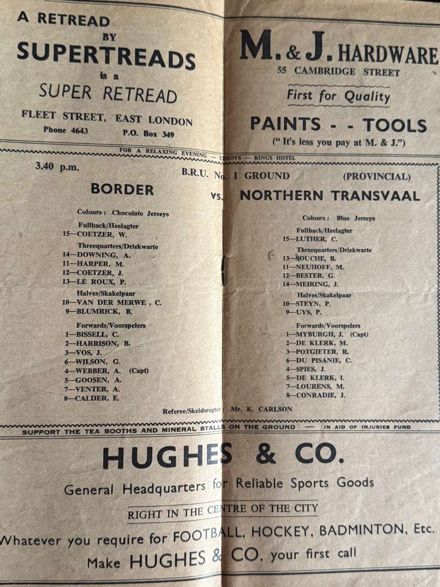 Rugby Programme - Border vs Northern-Transvaal (East-London) 31/05/1967