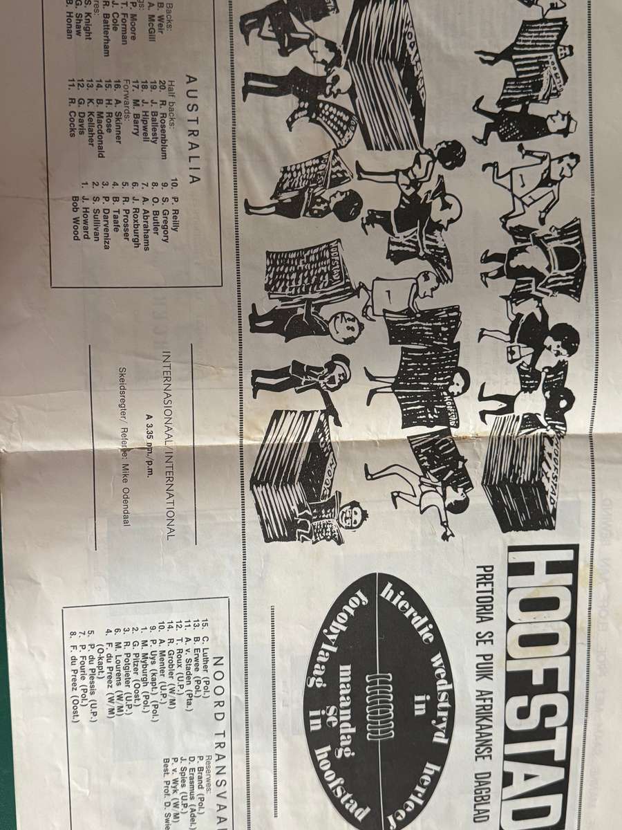 Rugby Programme - *TOUR* Northern-Transvaal vs Australia 30/08/1969