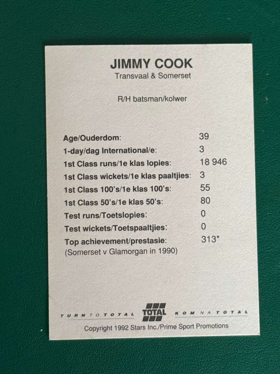Cricket Card - Jimmy Cook 1992 Total Cricket Card