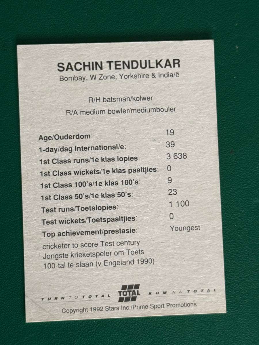 Cricket Card - Sachin Tendulkar 1992 Total Cricket Card