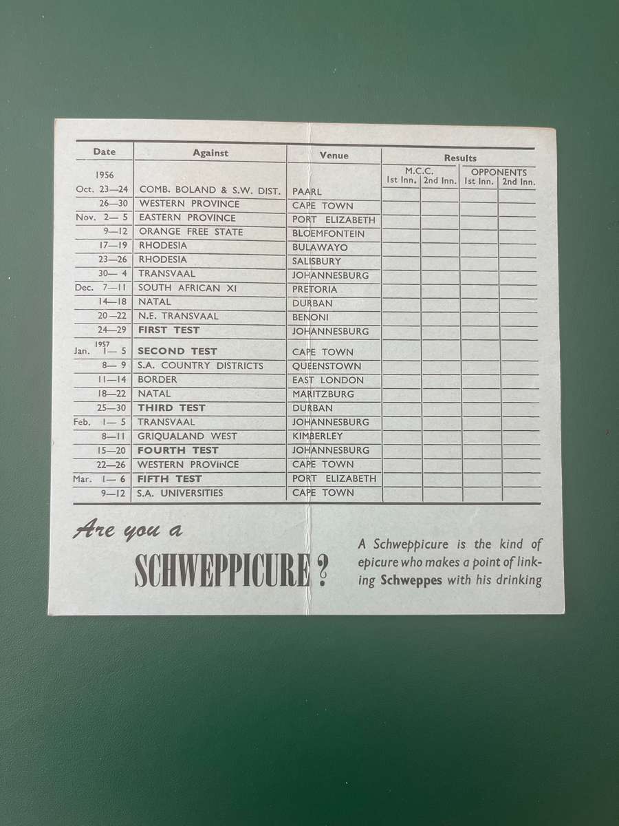 Cricket Itinerary - 1956/1957 Pocket Itinerary of the England tour to South Africa