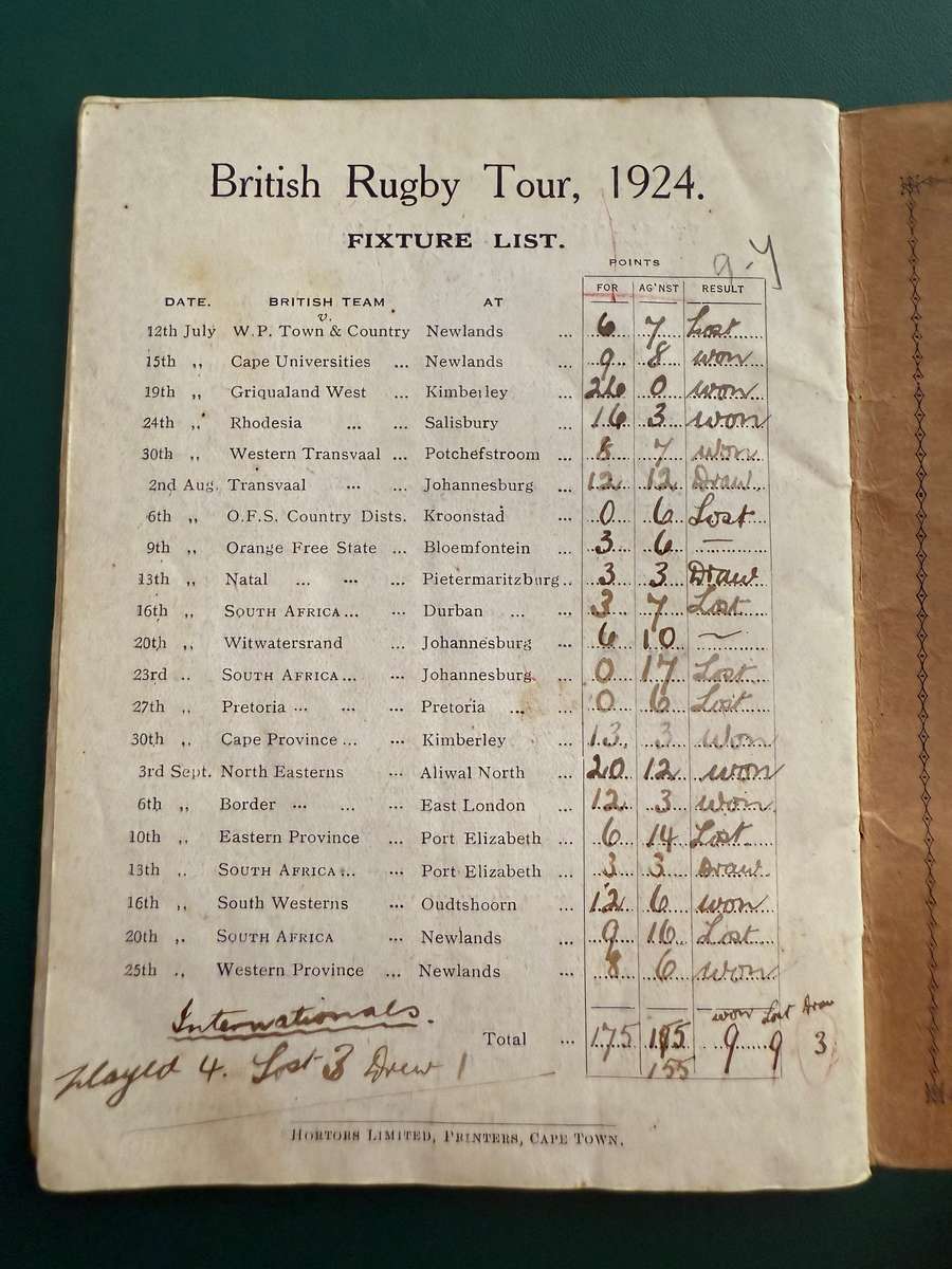 Rugby Itinerary/Souvenir - British Rugby Tour 1924