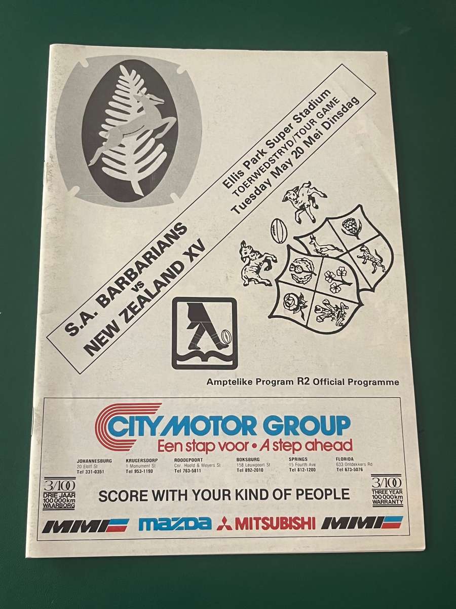Rugby Programme - SA Barbarians vs New Zealand Cavaliers 20/05/1986