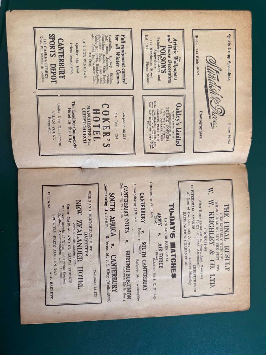 Rugby Programme - *TOUR* South-Africa vs Canterbury 21/08/1937 (Lancaster Park)