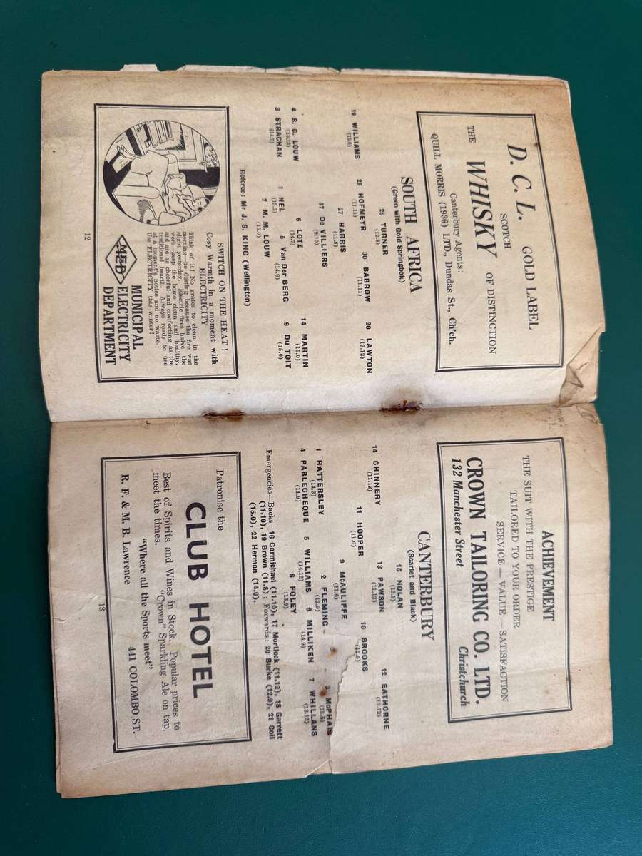 Rugby Programme - *TOUR* South-Africa vs Canterbury 21/08/1937 (Lancaster Park)