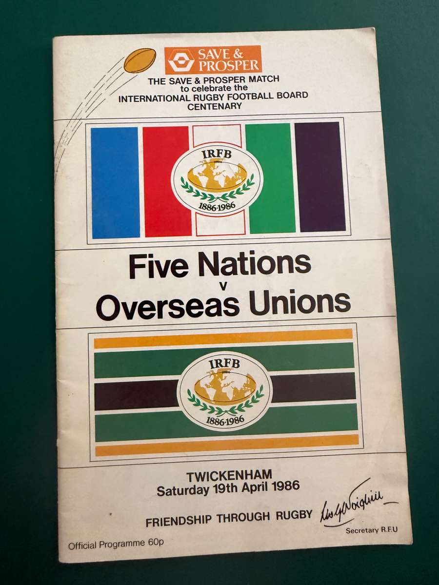 Rugby Programme - Five Nations vs Overseas Unions 19/04/1986 (Gerber/Carel du Plessis/Naas etc)