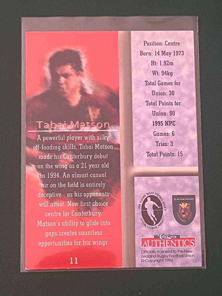 Rugby card - *SIGNED* Tabai Matson 1996 Card Crazy Authentics Rugby Card