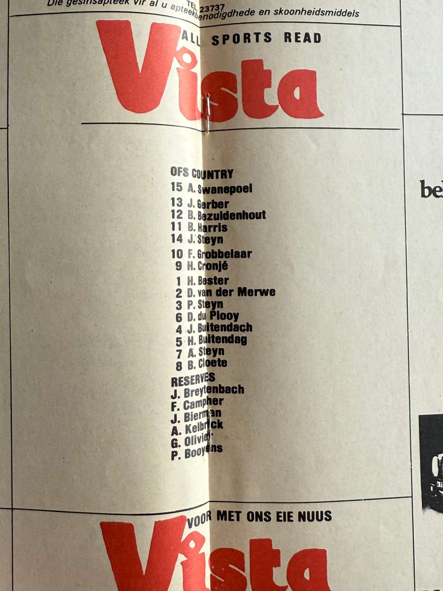 Rugby Programme - North Free State XV vs All Blacks 10/08/1976