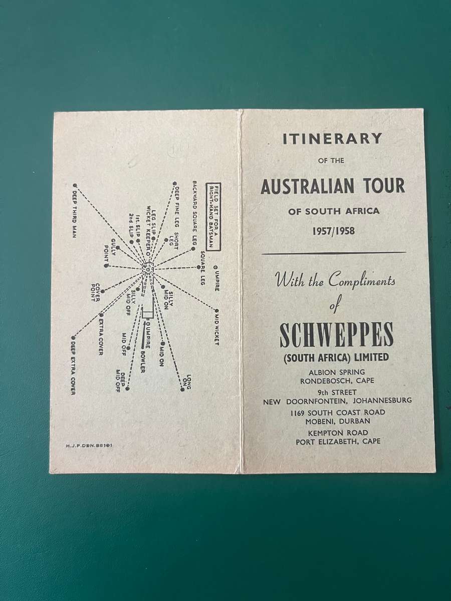 Cricket Itinerary - Australian Tour of South-Africa 1957/1958 (Compliments of Schweppes)
