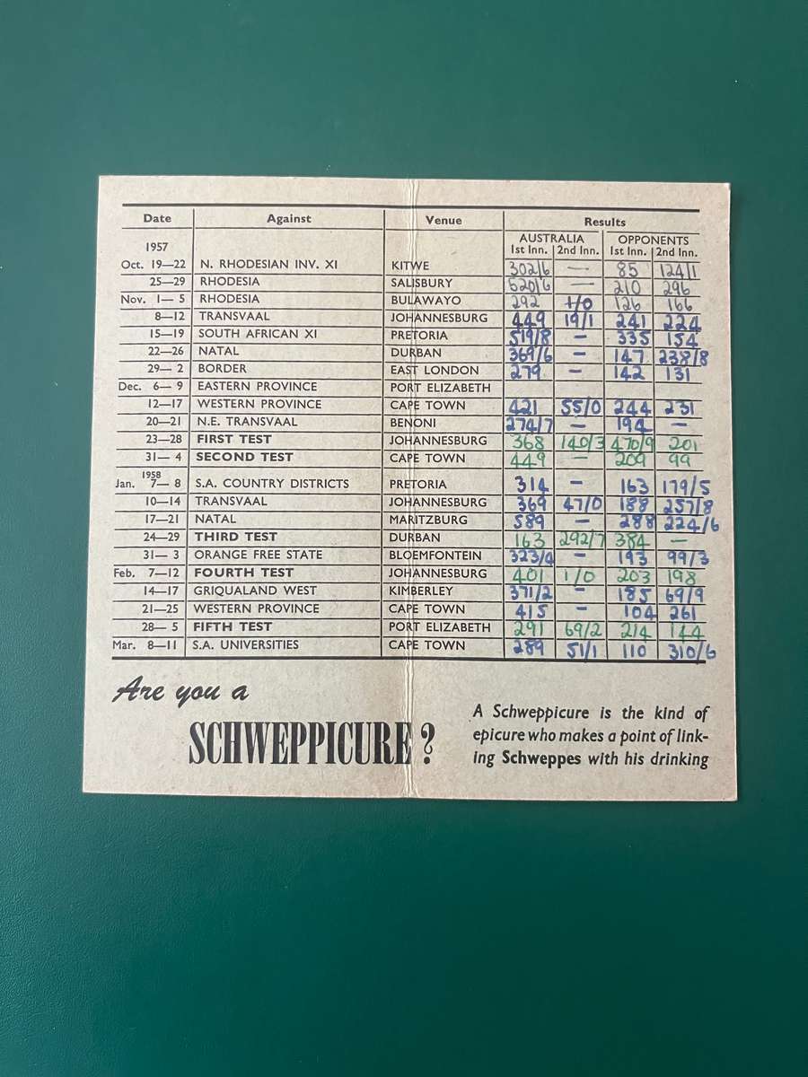 Cricket Itinerary - Australian Tour of South-Africa 1957/1958 (Compliments of Schweppes)