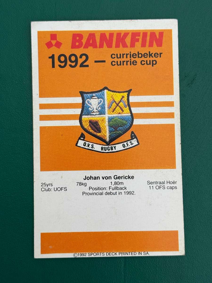 Rugby Card - Eben von Gericke 1992 Sports Deck Rugby Card Nr111